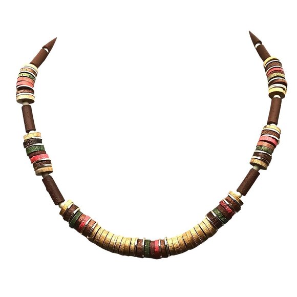 Vintage Wooden Beaded Choker Necklace with Cylindrical & Disc-Shaped Beads - Picture 3 of 3